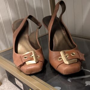 Franco Sarto Tan Slingback Heels with Gold Buckle